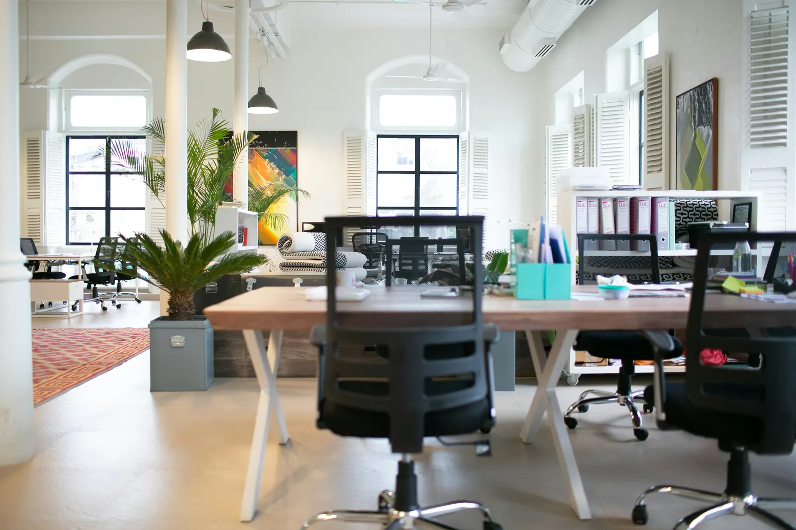 Bright, empty open-plan office with a wooden desk, black chairs, plants and tall arched windows